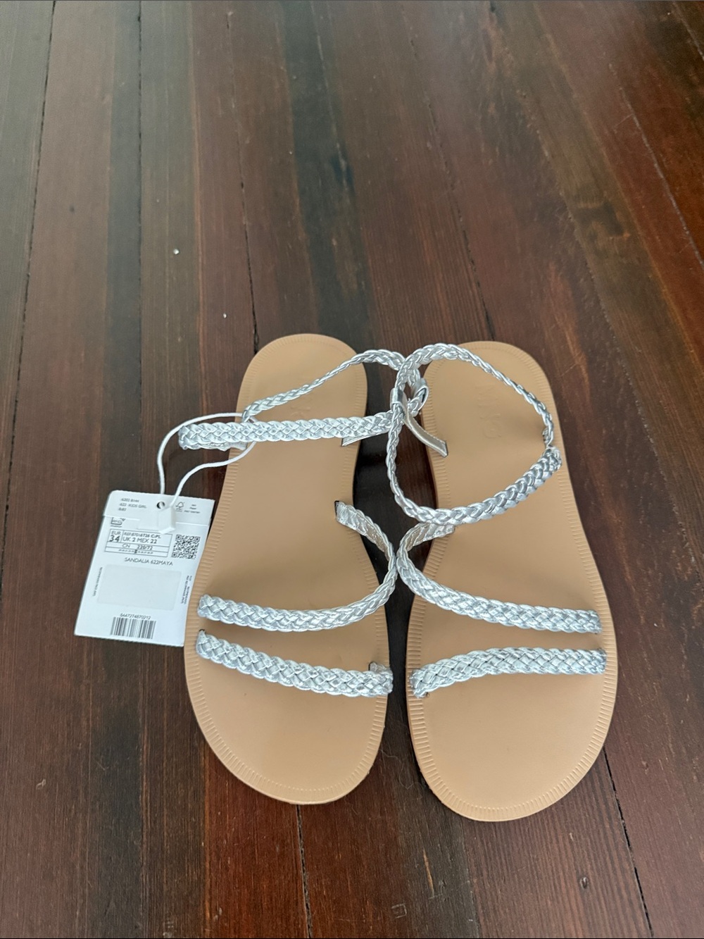 NWT Mango girls Braided Metallic Silver Strappy Sandals - size 34